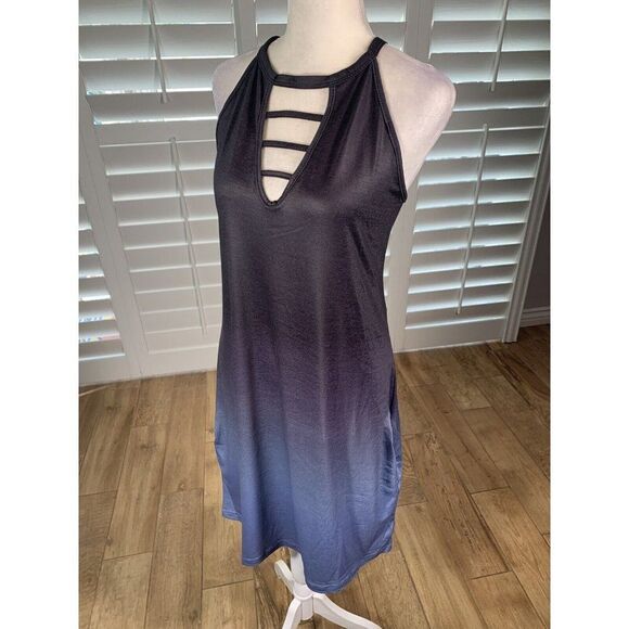 Casual Blue Gray Ombre Slip Dress L Halter Stretch Lounge Pockets - Picture 5 of 11